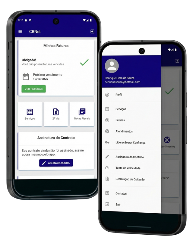 Telas do aplicativo CBNet em dois celulares: faturas e menu de serviços